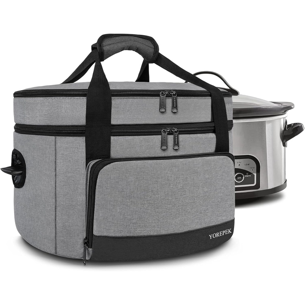 imageYOREPEK 2 Layer Slow Cooker Carrier Compatible with 6 7 8 Quart CrockPot Insulated Large Slow Cooker Travel Bag with Bottom Pad Lid Fasten Straps for Family Gathering Potluck Gifts for WomenGray