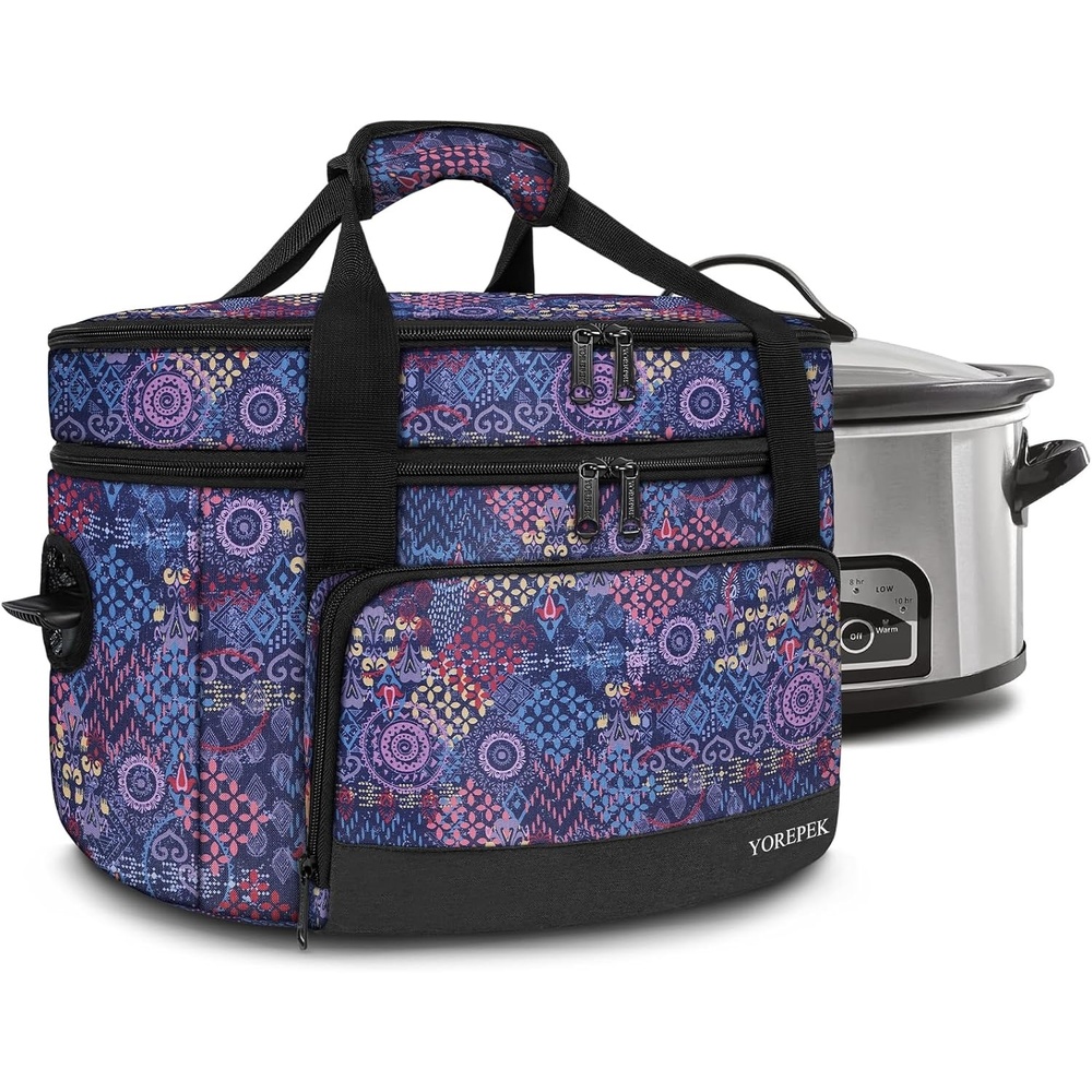 imageYOREPEK 2 Layer Slow Cooker Carrier Compatible with 6 7 8 Quart CrockPot Insulated Large Slow Cooker Travel Bag with Bottom Pad Lid Fasten Straps for Family Gathering Potluck Gifts for WomenColorful