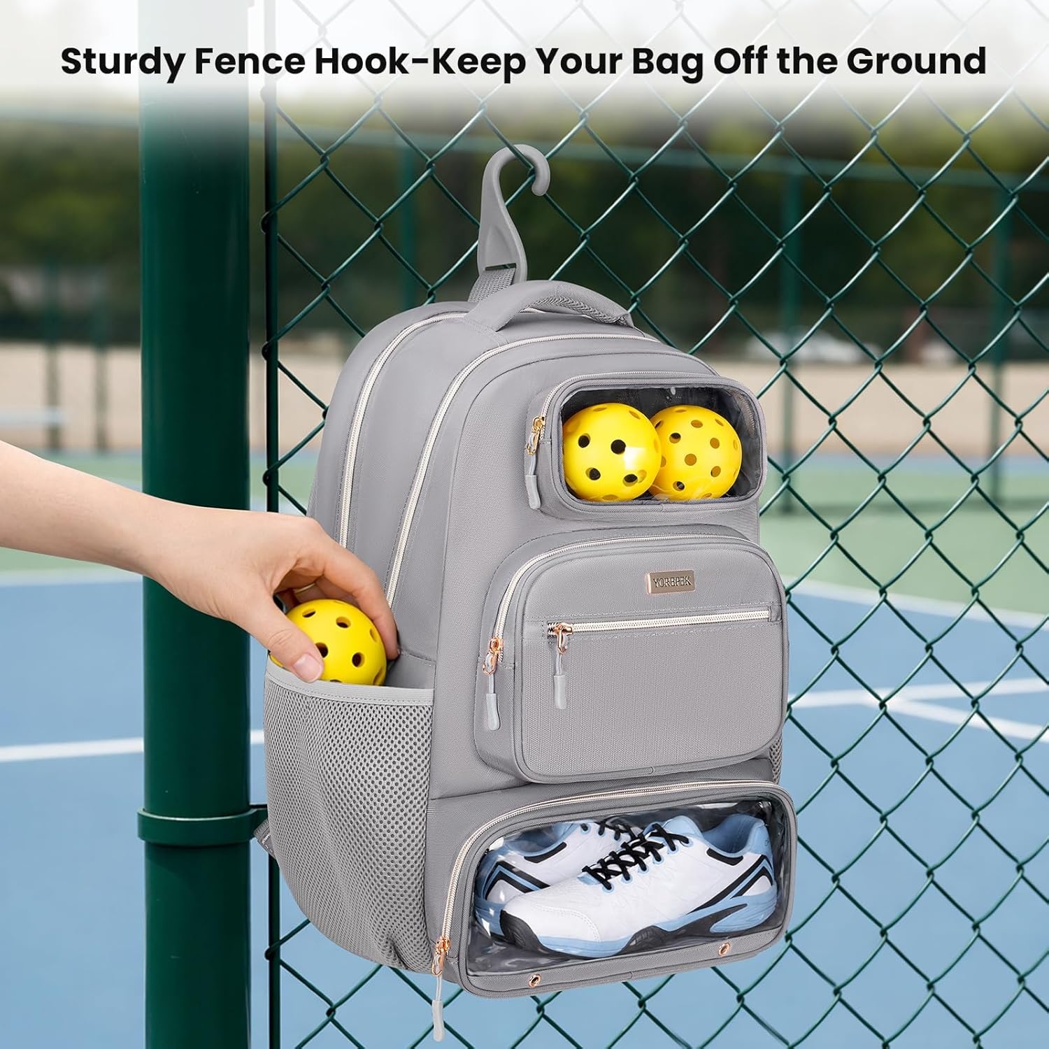 imageYOREPEK Pickleball Bag Backpack Large Capacity Holds 4 Paddles with Padded Protection 10 Pockets with Shoe Compartment for Pickleball Accessories Organized Pickleball Bags for Women Men Grey