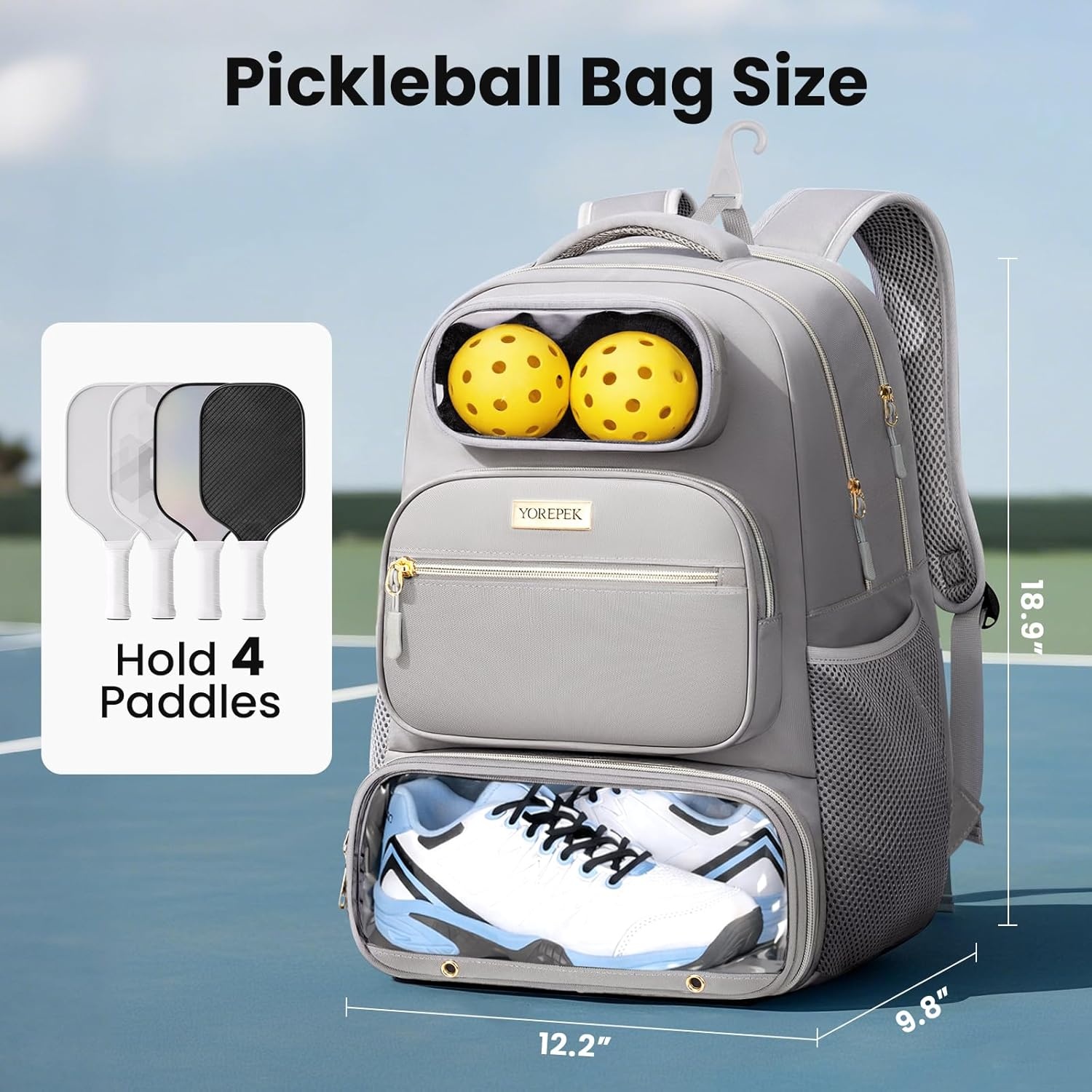 imageYOREPEK Pickleball Bag Backpack Large Capacity Holds 4 Paddles with Padded Protection 10 Pockets with Shoe Compartment for Pickleball Accessories Organized Pickleball Bags for Women Men Grey