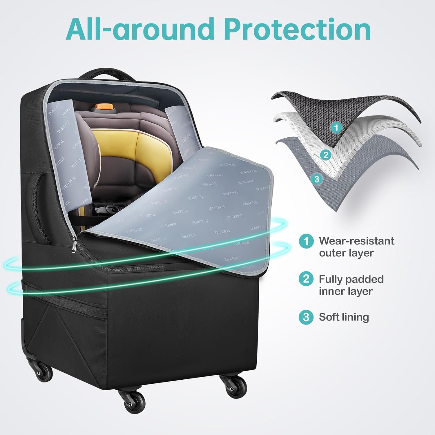 image:imageYOREPEK Car Seat Travel Bag with 4 Spinner Wheels amp Stable Base Padded Carseat Bags for Air Travel with Shoulder Straps Car Seat Carrier for Airport with Extra Pocket for Baby EssentialsBlack
