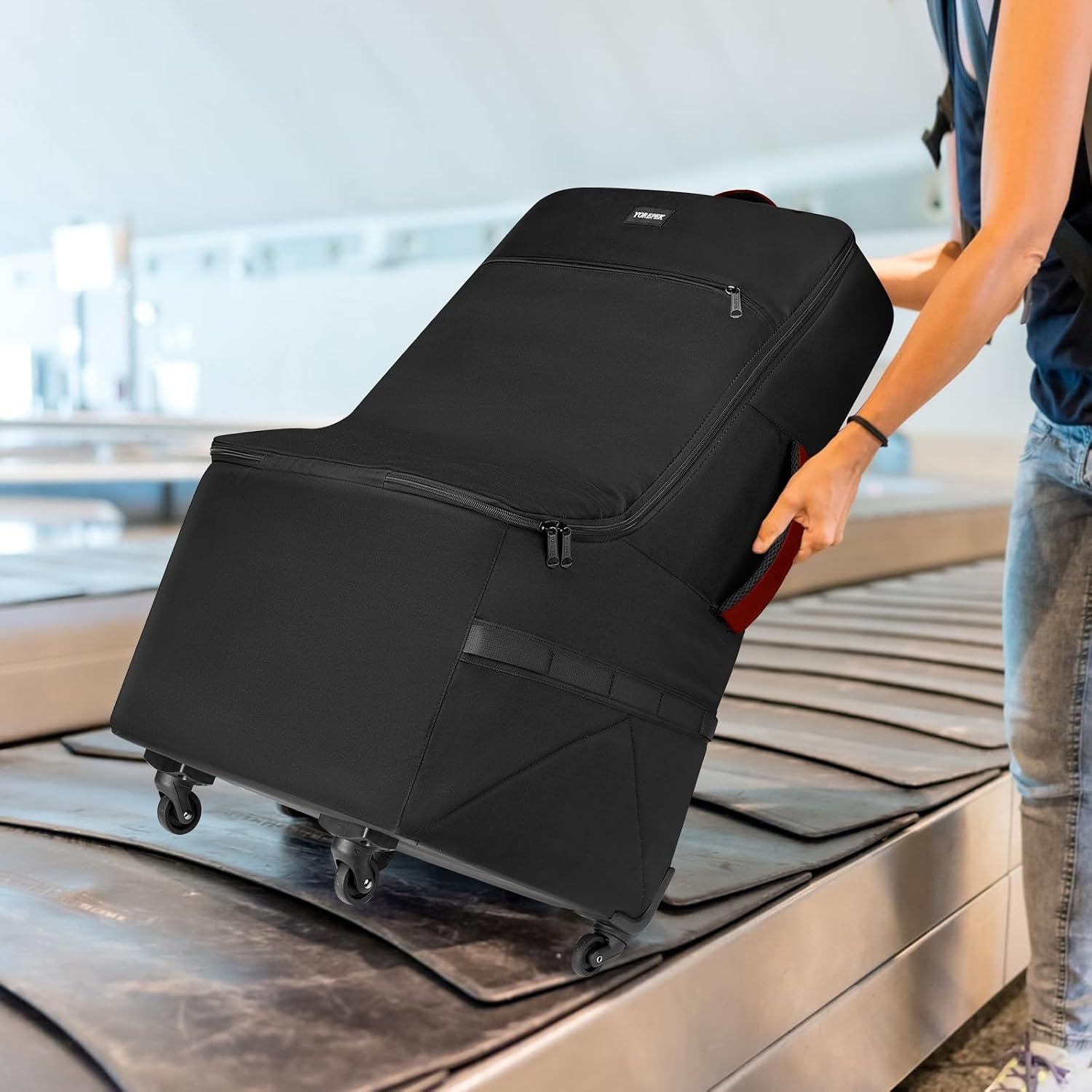 image:imageYOREPEK Car Seat Travel Bag with 4 Spinner Wheels amp Stable Base Padded Carseat Bags for Air Travel with Shoulder Straps Car Seat Carrier for Airport with Extra Pocket for Baby EssentialsBlackRed