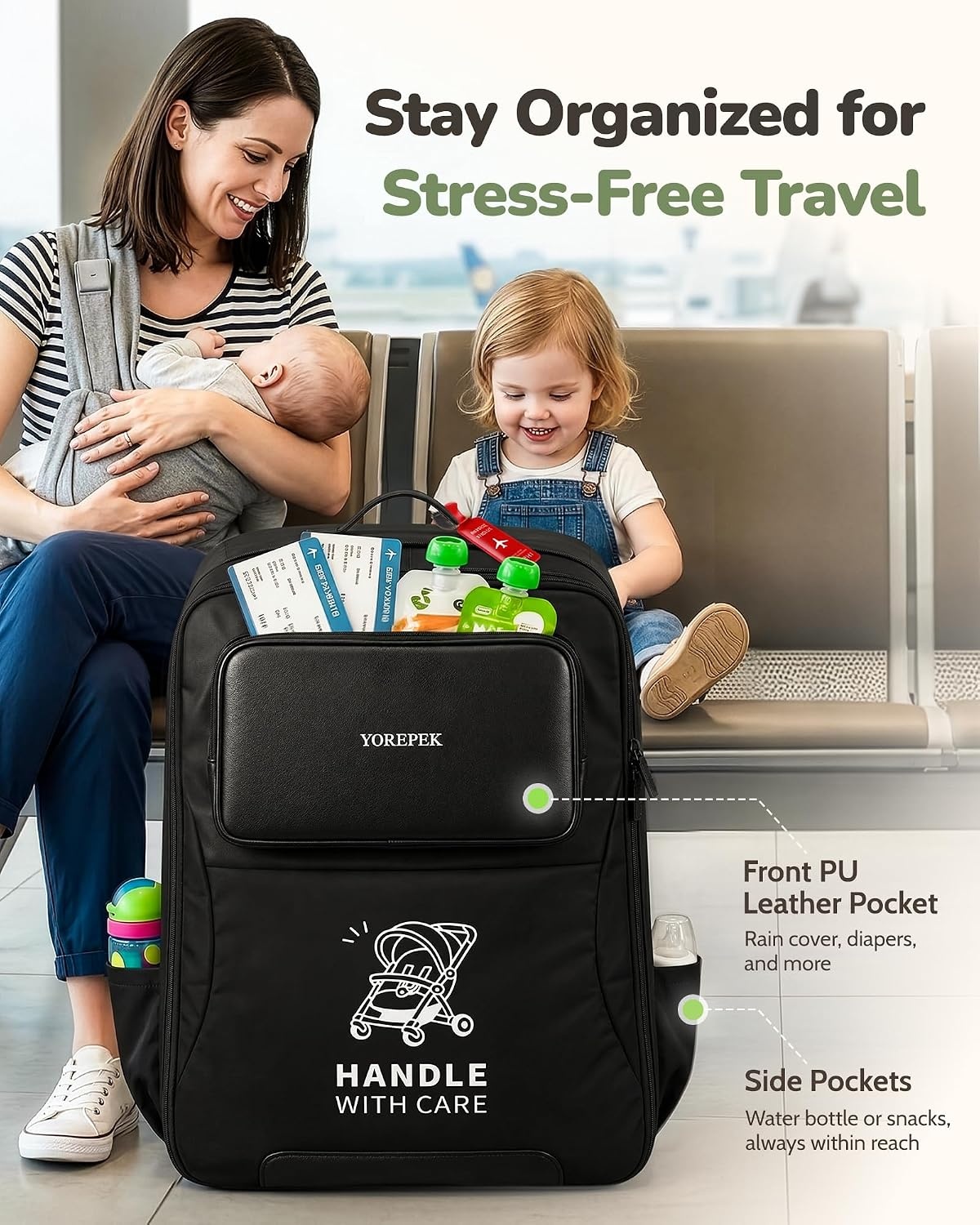 image:imageYOREPEK Expandable Padded Stroller Travel Bag for Airplane with Pocket Fits Compact Fold Strollers for Nuna Trvl UPPAbaby Minu Graco Ready2Jet Backpack Style with Tracker Pocket for AirTagBlack