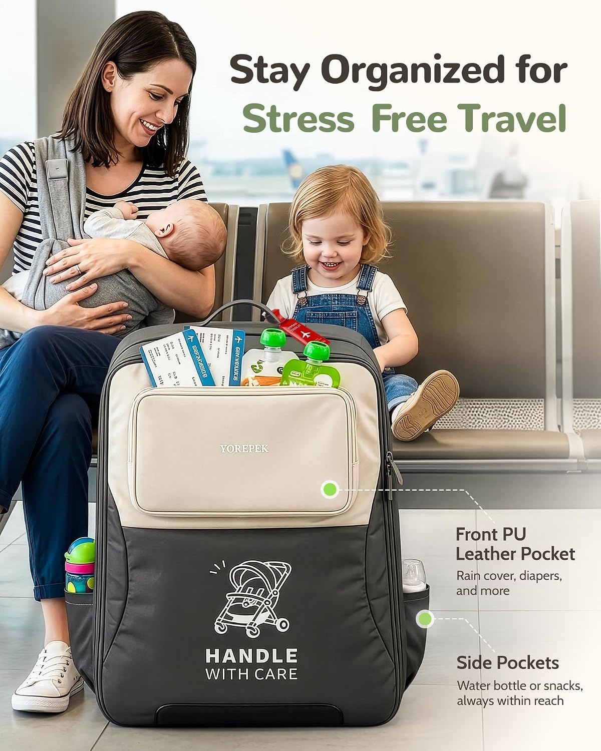 image:imageYOREPEK Expandable Padded Stroller Travel Bag for Airplane with Pocket Fits Compact Fold Strollers for Nuna Trvl UPPAbaby Minu Graco Ready2Jet Backpack Style with Tracker Pocket for AirTagGrey
