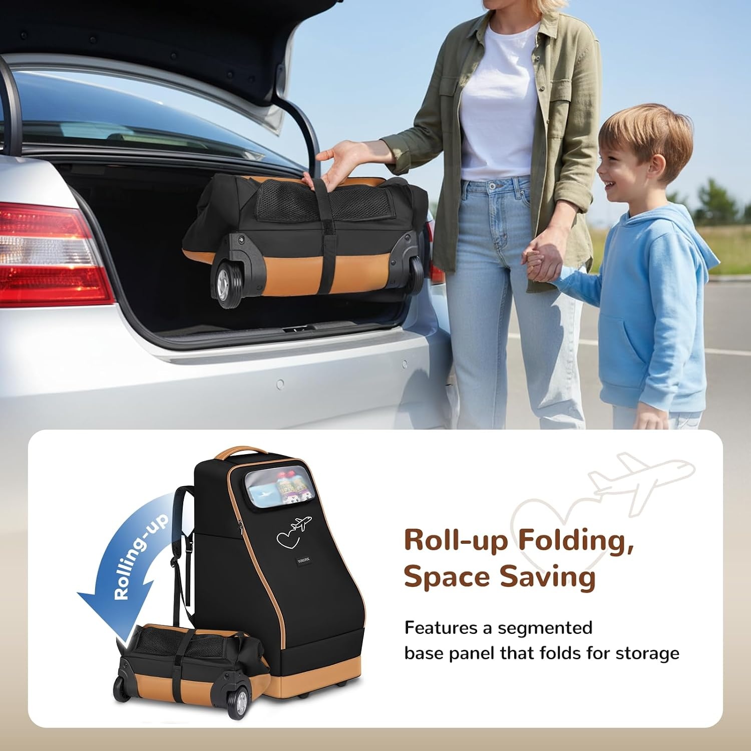 image:imageYOREPEK Foldable Car Seat Travel Bag for Airplane with 2 Wheels Rolling Car Seat Carrier for Airport 2 Pockets for Baby Essentials Padded Carseat Bags for Air Travel Backpack Straps
