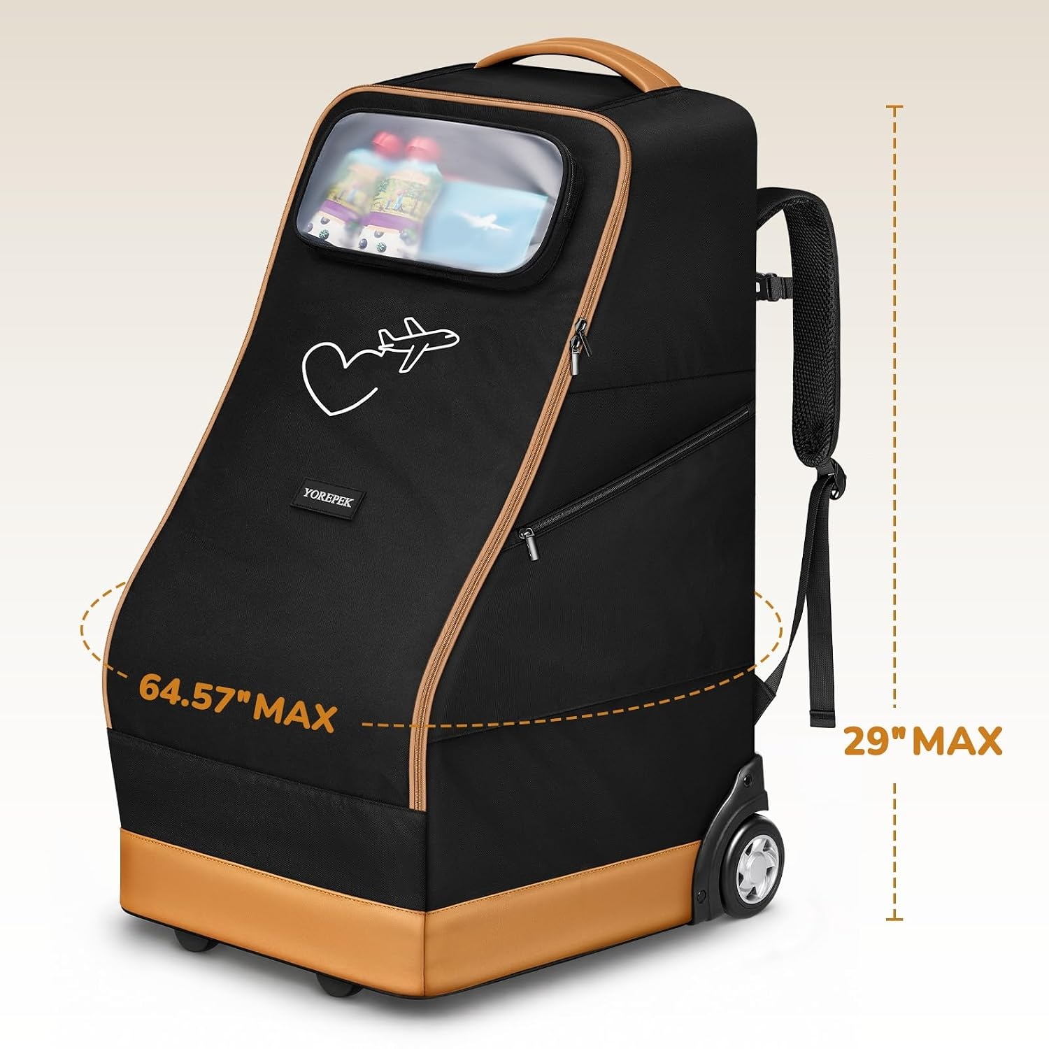 image:imageYOREPEK Foldable Car Seat Travel Bag for Airplane with 2 Wheels Rolling Car Seat Carrier for Airport 2 Pockets for Baby Essentials Padded Carseat Bags for Air Travel Backpack Straps