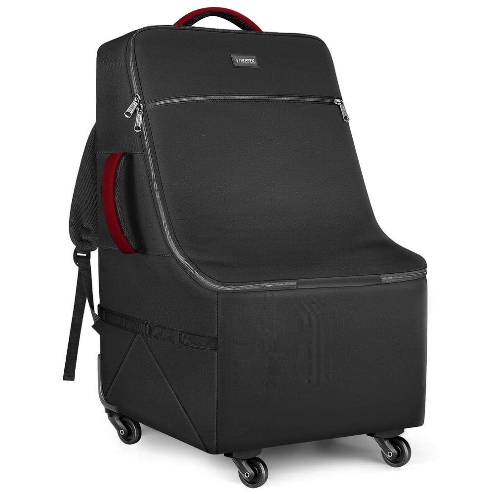 image:imageYOREPEK Car Seat Travel Bag with 4 Spinner Wheels amp Stable Base Padded Carseat Bags for Air Travel with Shoulder Straps Car Seat Carrier for Airport with Extra Pocket for Baby EssentialsBlackRed