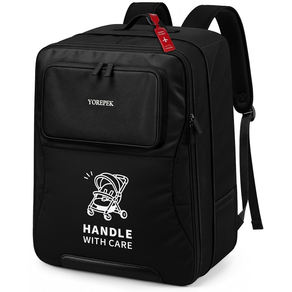 image:imageYOREPEK Expandable Padded Stroller Travel Bag for Airplane with Pocket Fits Compact Fold Strollers for Nuna Trvl UPPAbaby Minu Graco Ready2Jet Backpack Style with Tracker Pocket for AirTagBlack
