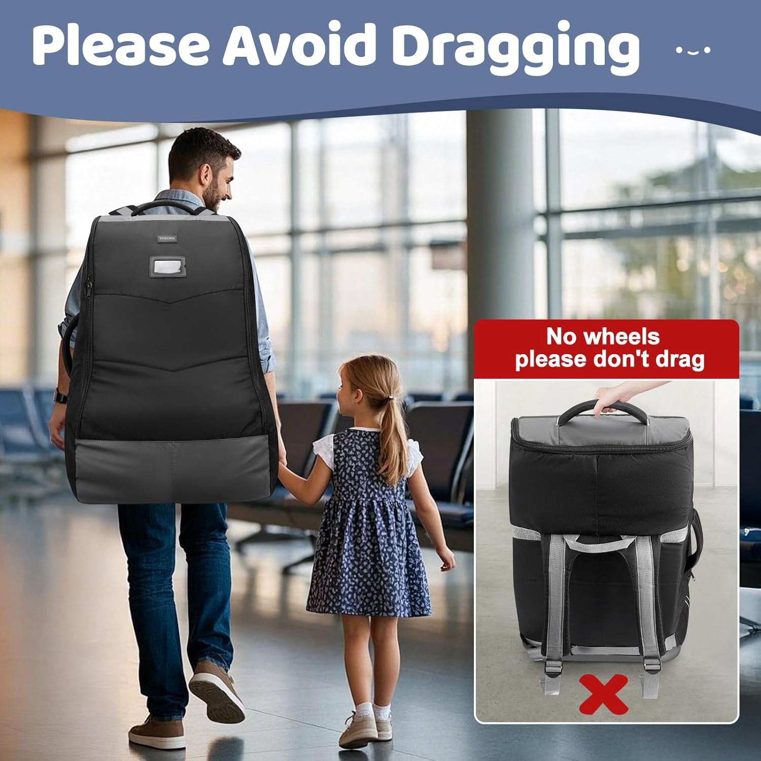 image:imageYOREPEK Carseat Bags for Air Travel Baby Airplane Travel Essentials Shoulder Strap Waist Strap Padded Portective PU Leather WearResistant Bottom Car Seat Bag with Side PocketBlack