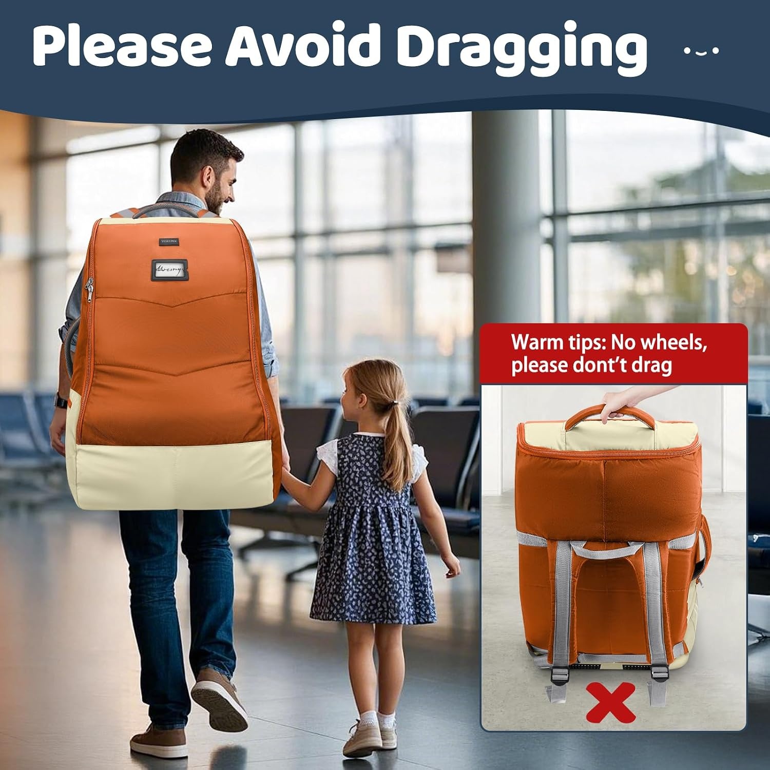 image:imageYOREPEK Carseat Bags for Air Travel Baby Airplane Travel Essentials Shoulder Strap Waist Strap Padded Portective PU Leather WearResistant Bottom Car Seat Bag with Side PocketOrange