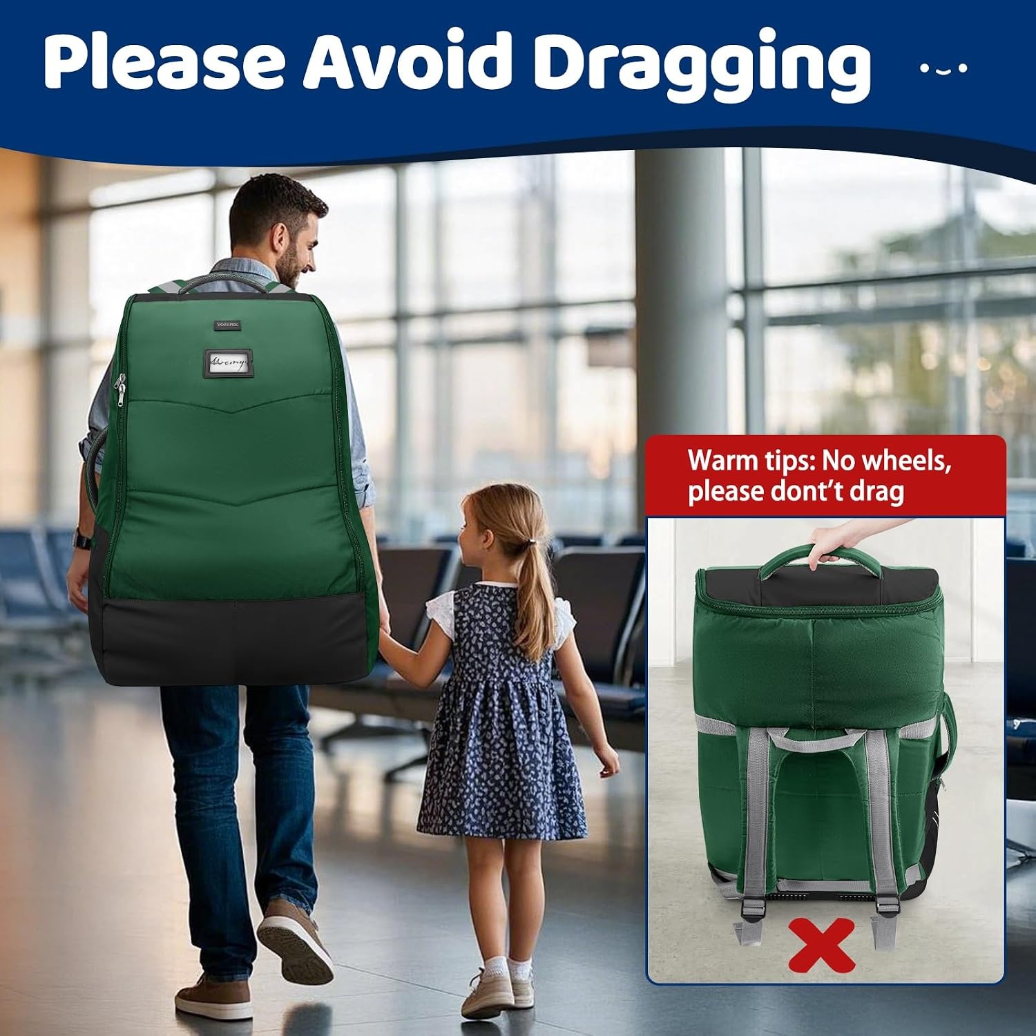 image:imageYOREPEK Carseat Bags for Air Travel Baby Airplane Travel Essentials Shoulder Strap Waist Strap Padded Portective PU Leather WearResistant Bottom Car Seat Bag with Side PocketGreen