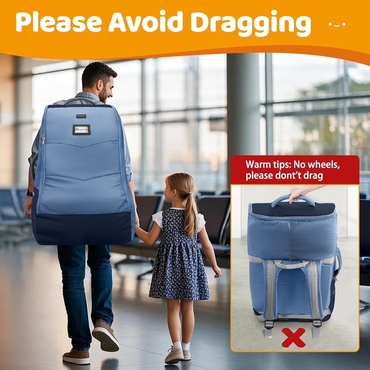 image:imageYOREPEK Carseat Bags for Air Travel Baby Airplane Travel Essentials Shoulder Strap Waist Strap Padded Portective PU Leather WearResistant Bottom Car Seat Bag with Side PocketBlue