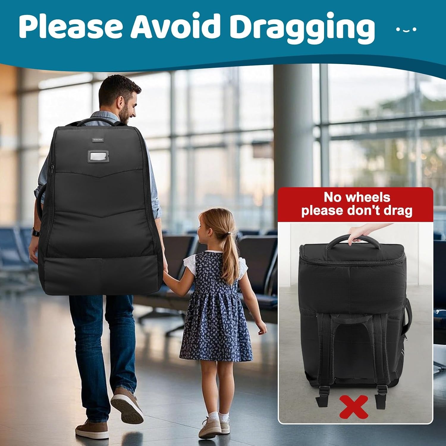 image:imageYOREPEK Carseat Bags for Air Travel Baby Airplane Travel Essentials Shoulder Strap Waist Strap Padded Portective PU Leather WearResistant Bottom Car Seat Bag with Side PocketBlack All