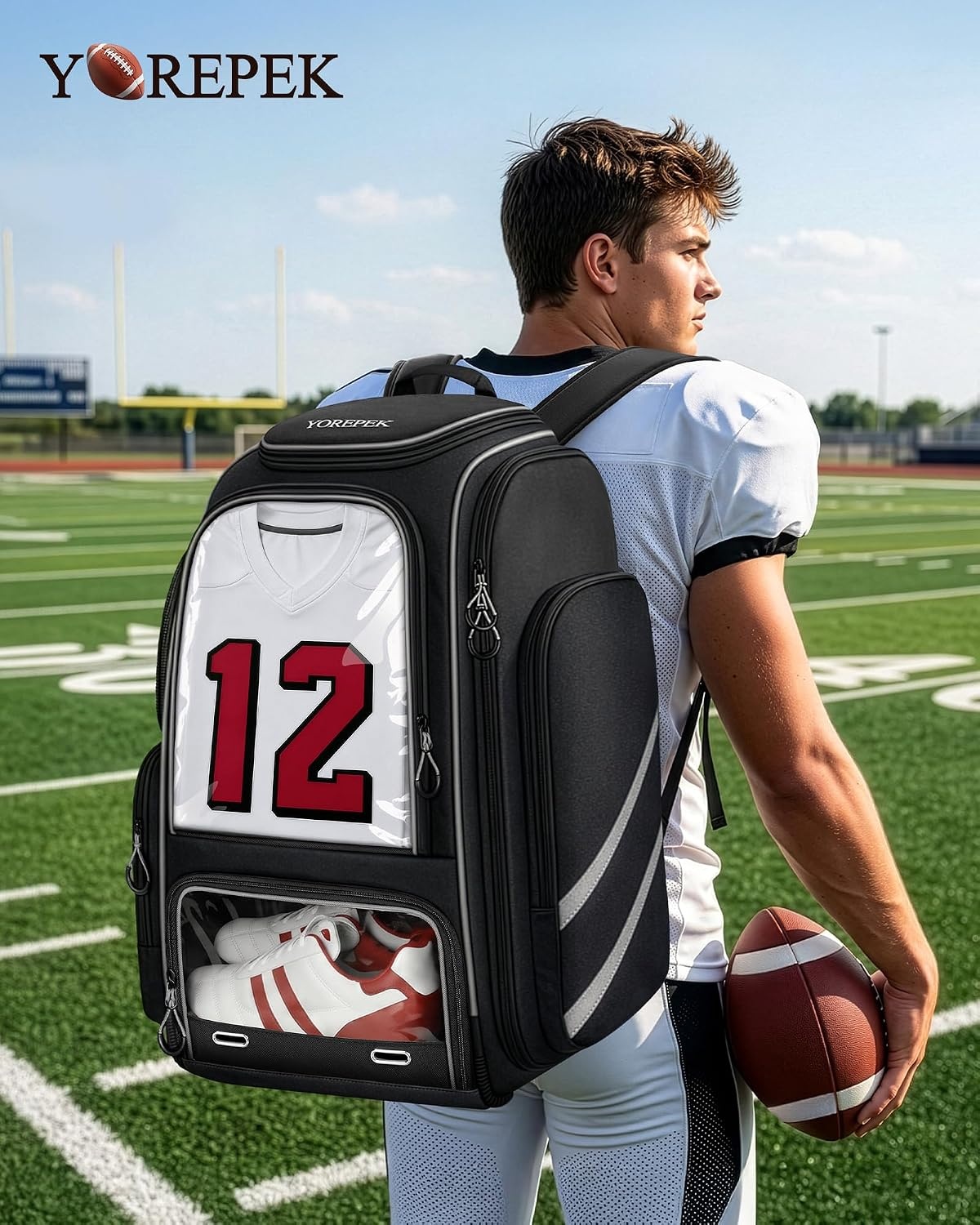image:imageYOREPEK Football Bag Backpack Extra Large Football Gear Bag with Helmet amp Shoulder Pads Holder Jersey Display Window Ventilated Shoe Compartment Football Equipment Bag for Boys Youth Adults