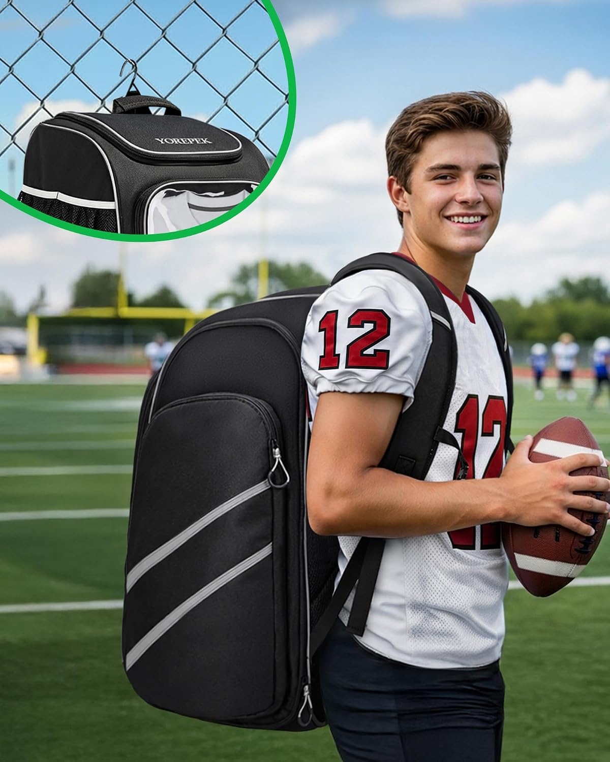 image:imageYOREPEK Football Bag Backpack Extra Large Football Gear Bag with Helmet amp Shoulder Pads Holder Jersey Display Window Ventilated Shoe Compartment Football Equipment Bag for Boys Youth Adults