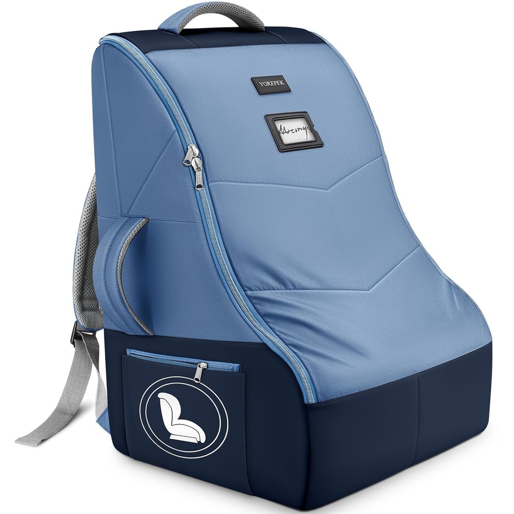 image:imageYOREPEK Carseat Bags for Air Travel Baby Airplane Travel Essentials Shoulder Strap Waist Strap Padded Portective PU Leather WearResistant Bottom Car Seat Bag with Side PocketBlue