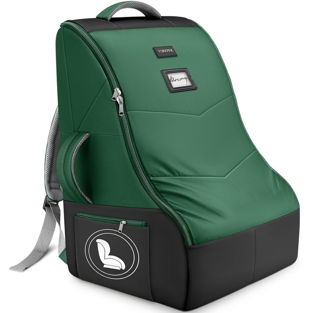 image:imageYOREPEK Carseat Bags for Air Travel Baby Airplane Travel Essentials Shoulder Strap Waist Strap Padded Portective PU Leather WearResistant Bottom Car Seat Bag with Side PocketGreen