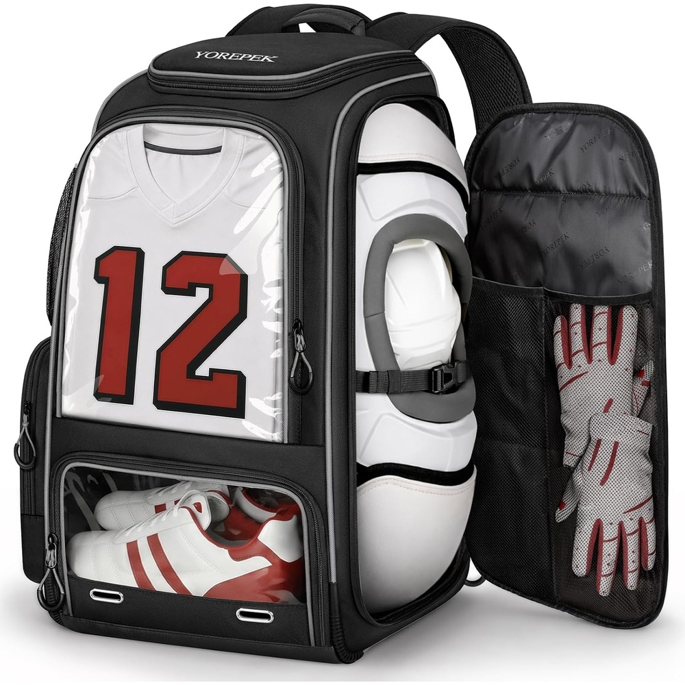 image:imageYOREPEK Football Bag Backpack Extra Large Football Gear Bag with Helmet amp Shoulder Pads Holder Jersey Display Window Ventilated Shoe Compartment Football Equipment Bag for Boys Youth Adults