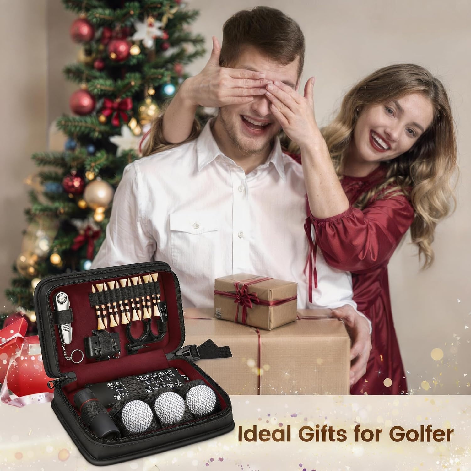 image:imageYOREPEK Golf Gifts for Men Complete Golf Accessories Kit PU Leather Case Golf Set with Balls Tees Monocular Divot Tool Scorekeeper Golf Ball Clip Brush Golf Gifts for Dad Golf Stuff for MenBlack Red