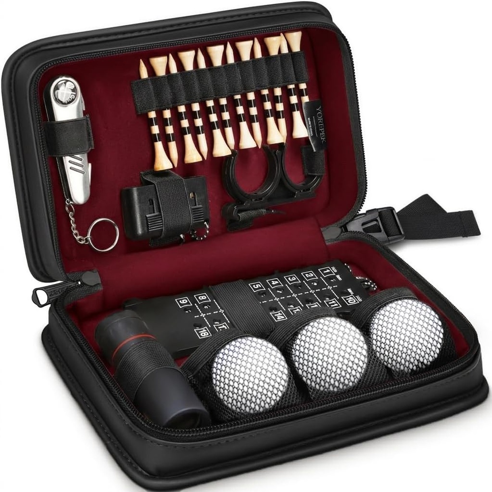 image:imageYOREPEK Golf Gifts for Men Complete Golf Accessories Kit PU Leather Case Golf Set with Balls Tees Monocular Divot Tool Scorekeeper Golf Ball Clip Brush Golf Gifts for Dad Golf Stuff for MenBlack Red