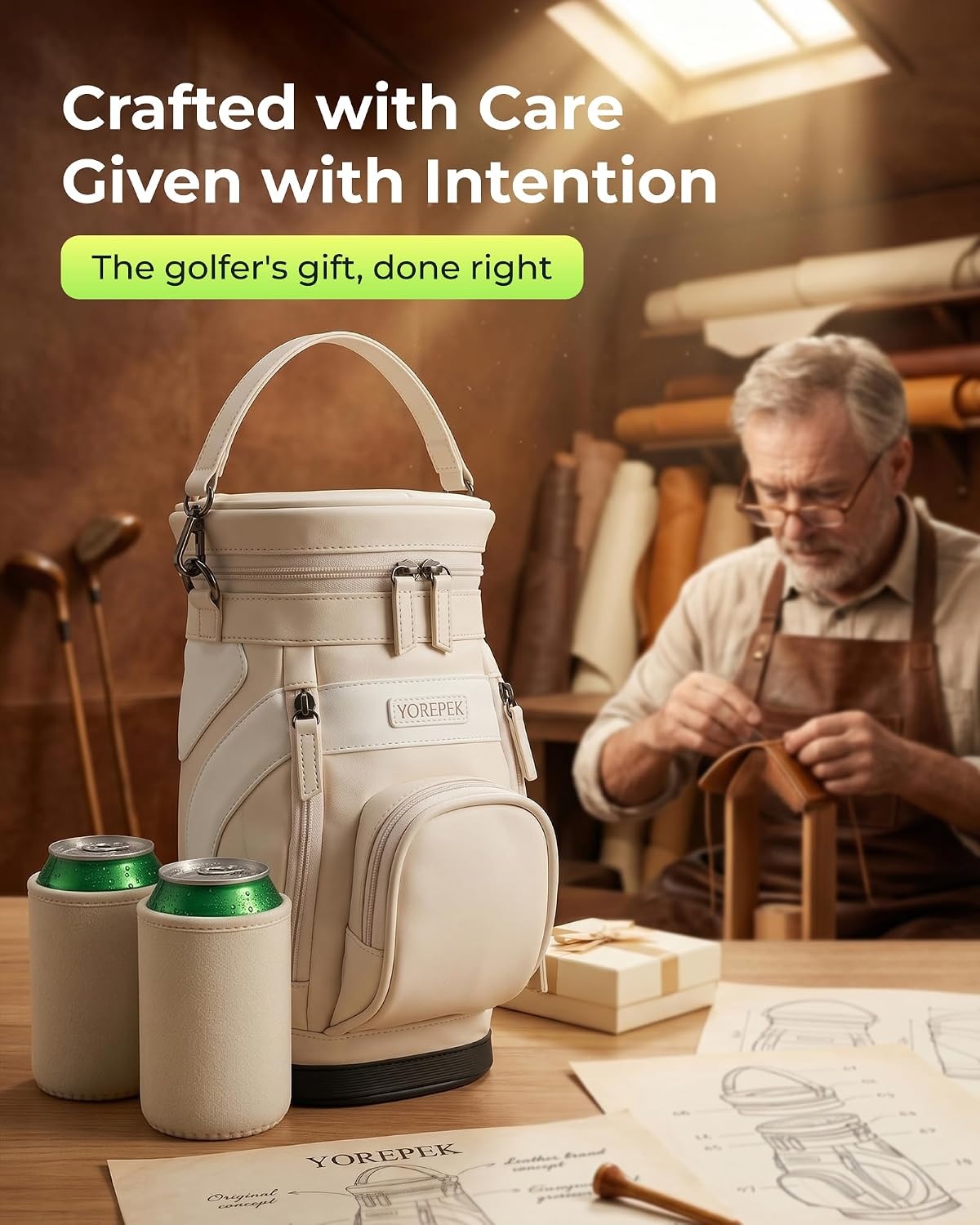 image:imageYOREPEK Golf Cooler Bag Golf Bag Shaped 6Can Cooler with 2 Can SleevesBeige