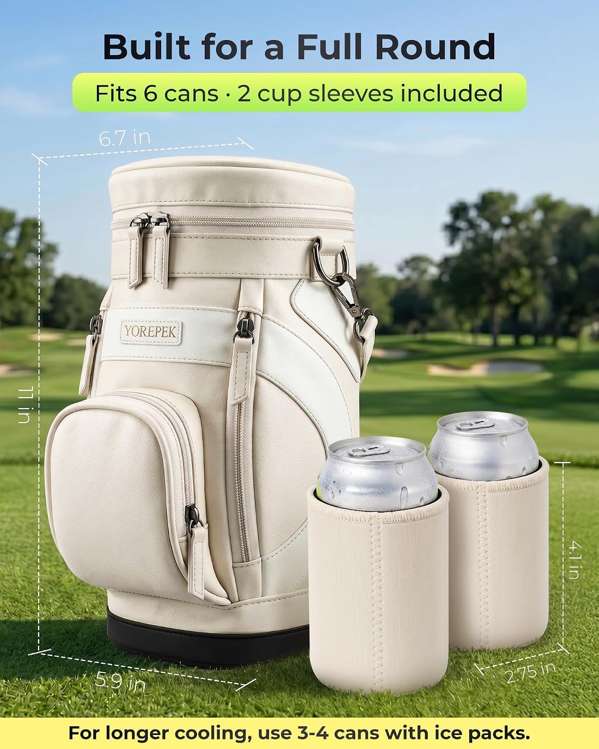 image:imageYOREPEK Golf Cooler Bag Golf Bag Shaped 6Can Cooler with 2 Can SleevesBeige