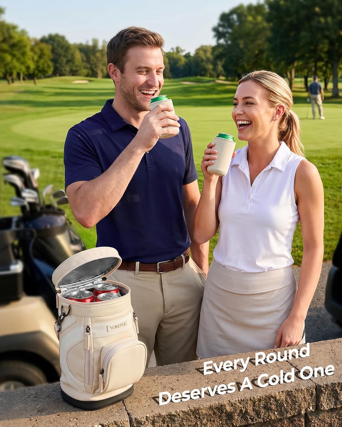 image:imageYOREPEK Golf Cooler Bag Golf Bag Shaped 6Can Cooler with 2 Can SleevesBeige